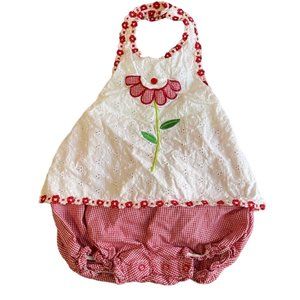 Vintage 90s Beluga NY Floral Embroidered Cottagecore Gingham Onesie Bloomer 24 M